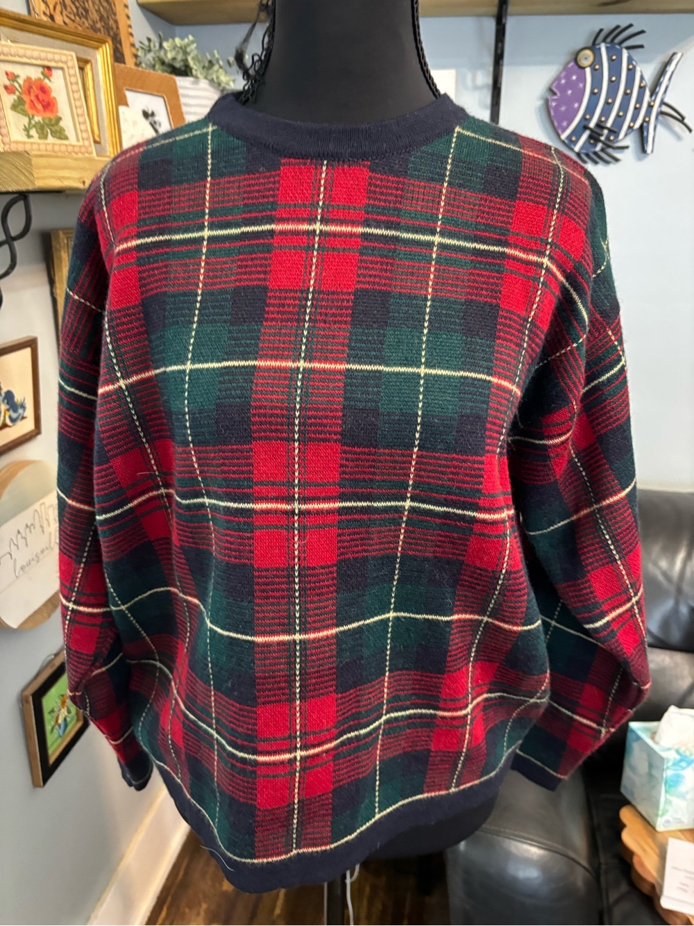 Vtg Talbots womens tartan plaid sweater wool made in Italy L